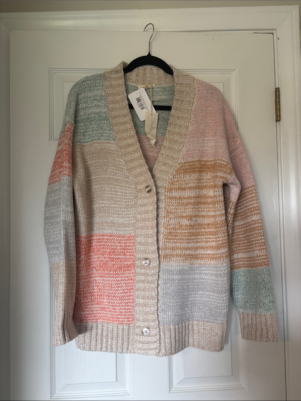 Mystree Pastel Patchwork Button Cardigan - Coral, Mint, Blush, Beige